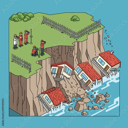 Illustration depicting coastal erosion with houses collapsing into the ocean, and people observing.
