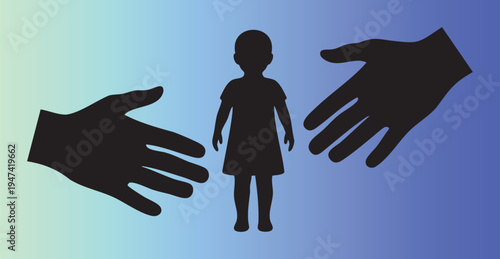 Silhouette of a child between two helping hands protection concept