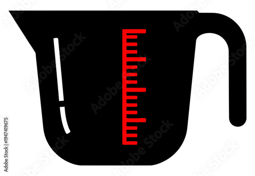 Graphic icon of an essential kitchen measuring cup, featuring a sleek black design with bright red numerical scales, vital for precise ingredient portions in cooking and home baking projects