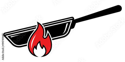 A stylized icon featuring a black frying pan with a bright red flame underneath, symbolizing cooking and culinary activities