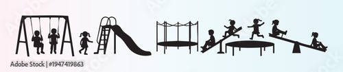 Silhouettes of children playing on various playground equipment isolated illustration