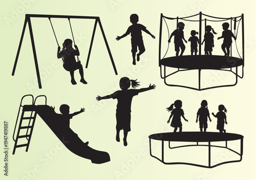 Silhouettes of children playing on various playground equipment