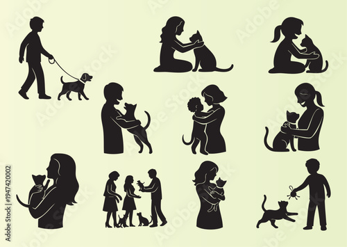 Silhouettes of people interacting with cats and dogs in various poses