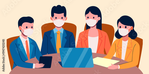 Professional business team wearing medical masks discussing work with laptop and documents at office table. Modern workplace collaboration concept during pandemic in flat vector illustration.