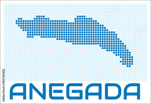 Anegada digital style map with blue rounded rectangle dots. Virgin Islands (UK). Dotted shape of the island. Anegada blue colored map and title on white background. Awesome Vector Illustration.