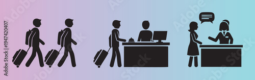 Travelers checking in at hotel reception with luggage and staff assistance