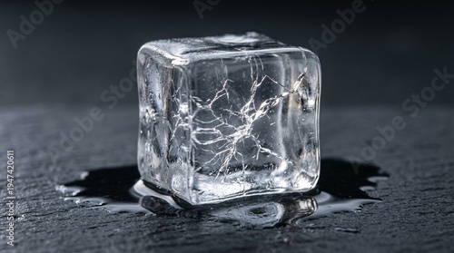 Transparent Ice Cube Melting on a Dark Surface, Capturing the Essence of Coolness