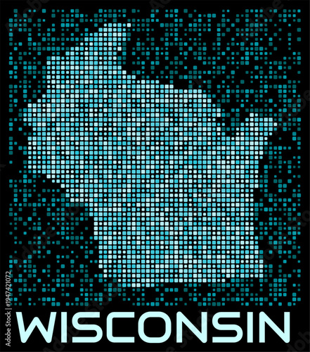Wisconsin, United States digital dotted map. Shape of the state in cyan color palette on dark background. Futuristic Wisconsin, United States map design. Vector illustration.