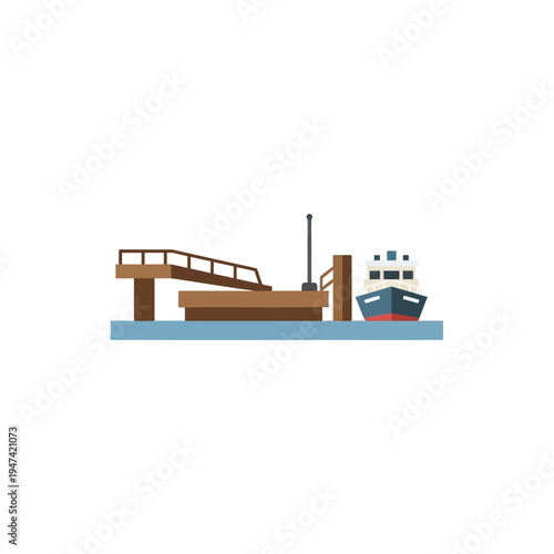 Modern ferry terminal with a passenger vessel docked at the pier, ready for boarding and departure