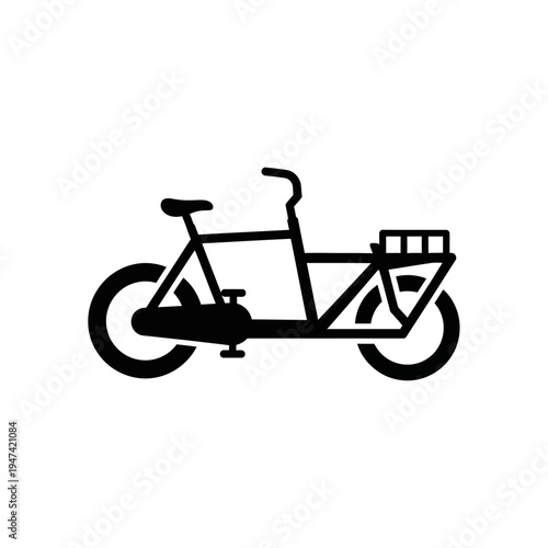 Sleek minimalist black cargo bicycle icon representing sustainable urban delivery and eco-friendly heavy-lift transport solutions for modern city logistics