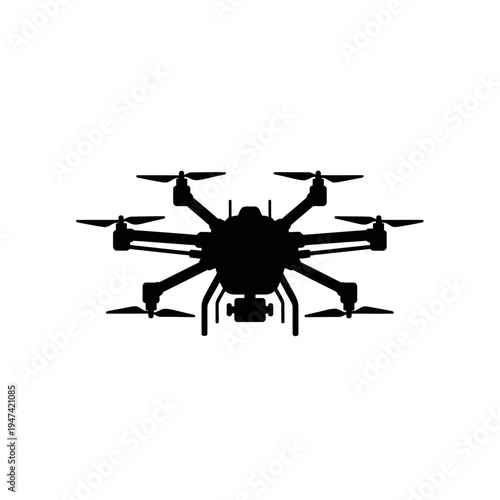 Minimalist black silhouette icon of a modern aerial octocopter drone, representing advanced technology for remote sensing, surveillance, and photography solutions