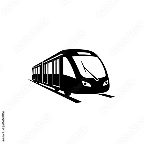 Black and white illustration of a modern public transportation train moving on tracks, symbolizing efficient urban commuting and travel