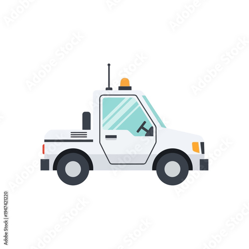 White airport utility vehicle with antenna and yellow light, isolated on white background, vector illustration for aviation and ground support equipment