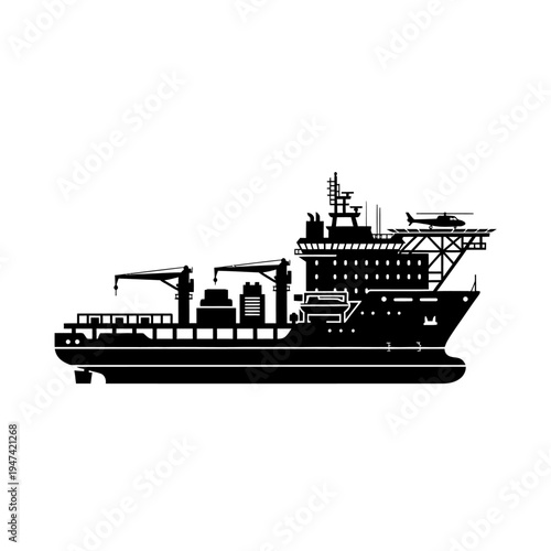 Black silhouette of an industrial offshore vessel, equipped with cranes and a helipad, symbolizing advanced maritime logistics and heavy cargo handling
