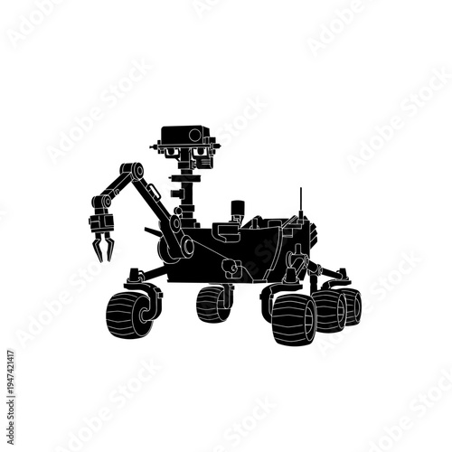 Black silhouette of a robotic rover vehicle with multiple wheels and an articulated arm, symbolizing space exploration and scientific discovery