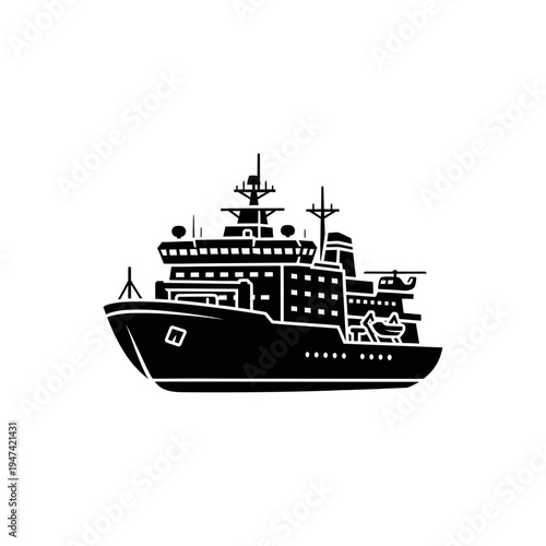 A detailed illustration of a large, modern ship designed for icebreaking, featuring multiple decks and advanced navigation equipment