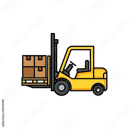 Bright yellow forklift truck lifting a stack of brown cardboard boxes, isolated on a white background, representing logistics and delivery services