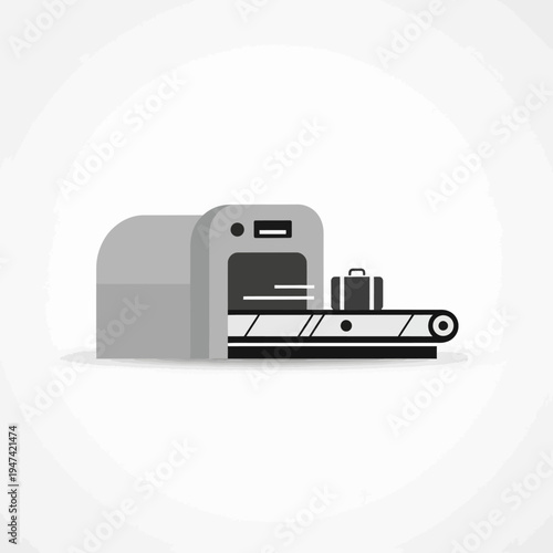 X-ray scanner machine processing luggage at security checkpoint, graphic illustration for travel and airport safety