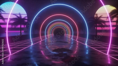 Neon-lit futuristic tunnel with rainbow-colored arches and palm trees