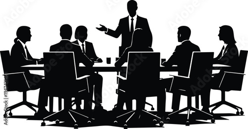 Professional Business Meeting Silhouette Vector Illustration with Leader Presenting to Team Around Conference Table, Ideal for Corporate Graphics and Presentations