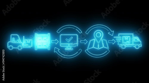 Neon-lit icons depicting logistics and communication on a dark background with a glowing blue workflow diagram.
