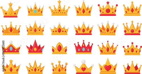 Golden royal crown icons collection with gemstones and decorative elements, king queen fantasy crowns set for monarchy, luxury emblem, game UI vector illustration