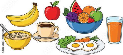 Healthy breakfast food collection with fruits, cereal bowl, coffee cup, fried eggs and fresh juice isolated for nutrition diet, morning meal illustration