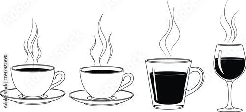 Hot coffee cup set with steaming mugs and wine glass, minimalist black line vector illustration of beverages isolated on white background, cafe drink concept