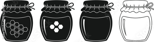 Honey jar silhouette set with honeycomb symbol and glass jar outline, black vector illustration collection isolated on white background for food packaging design