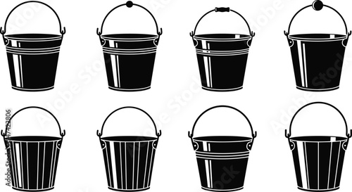 Metal bucket icon set vector illustration collection of pail containers with handle household cleaning tool isolated black silhouettes for utility and storage design