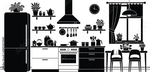 Modern kitchen interior silhouette with refrigerator, stove, shelves, dining table and plants, detailed home cooking space vector illustration isolated on white background, interior design concept