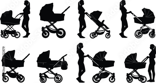 Mother pushing baby stroller silhouette collection, woman walking with pram and carriage vector set isolated, parenting and motherhood concept illustration for childcare, family, and lifestyle designs