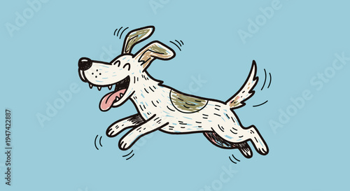 White dog running with tongue out.