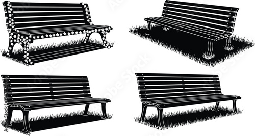 Park bench silhouette collection with grass base, outdoor seating vector illustration set, classic wooden benches isolated on white background for garden and landscape design