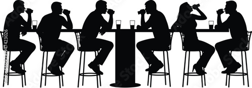 People sitting at bar counter drinking beverages silhouette vector illustration, friends socializing in pub or cafe, nightlife lifestyle concept isolated for restaurant, bar, and hospitality designs
