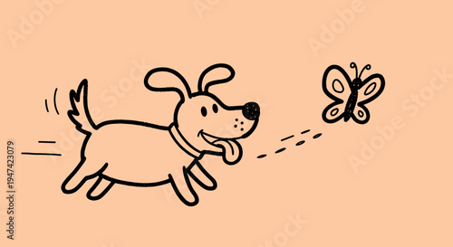Dog chasing a butterfly outside playing.