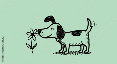 Dog Smelling a Flower Outdoors.