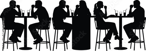 People sitting at cafe tables drinking coffee and talking, social meeting silhouettes of friends and couples in restaurant bar scene vector illustration