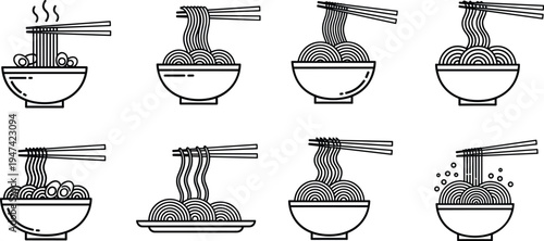 Ramen noodle bowl icon set with chopsticks steaming Asian food line vector collection for restaurant menu Japanese cuisine illustration isolated design