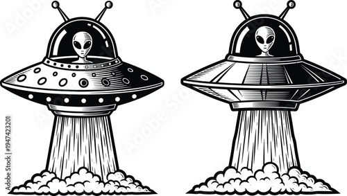 Retro UFO flying saucer with alien pilot vector illustration set, vintage sci fi spaceship hovering with beam light and smoke clouds isolated monochrome design