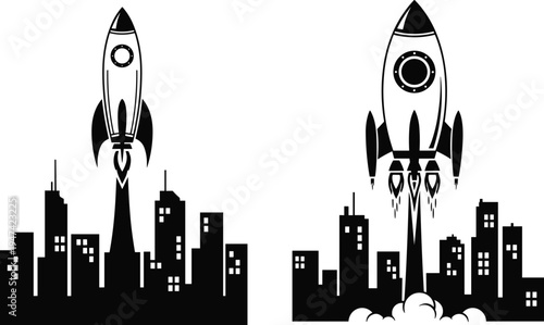 Rocket launch over city skyline silhouette vector illustration space startup concept futuristic spacecraft taking off above buildings technology innovation exploration design