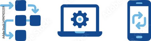 Set of 3 blue technology icons vector, workflow, laptop, mobile