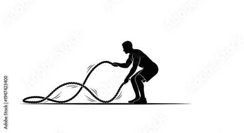 Male Athlete Doing Battle Rope Training Fitness Exercise Silhouette Vector Illustration