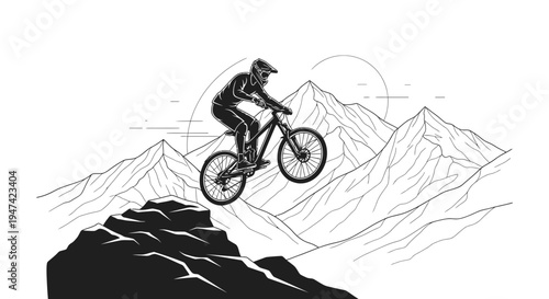 Extreme Mountain Biking Silhouette Illustration Jumping Off Rocky Cliff Vector Design Element