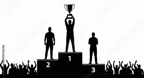 Sports Trophy Ceremony Silhouette Illustration with Winners on Podium and Cheering Crowd Vector Design
