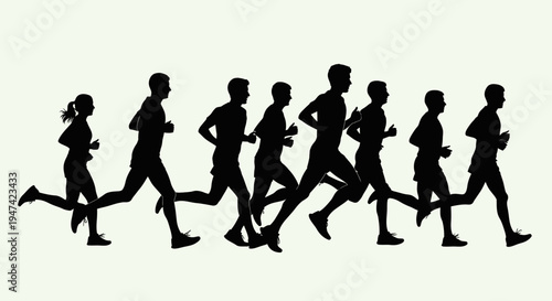 Black Silhouettes of Marathon Runners Group Competing in a Race Vector Illustration