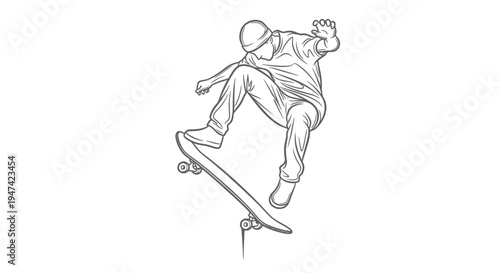 Skateboarder Performing Mid Air Kickflip Trick Outline Vector Illustration Graphic