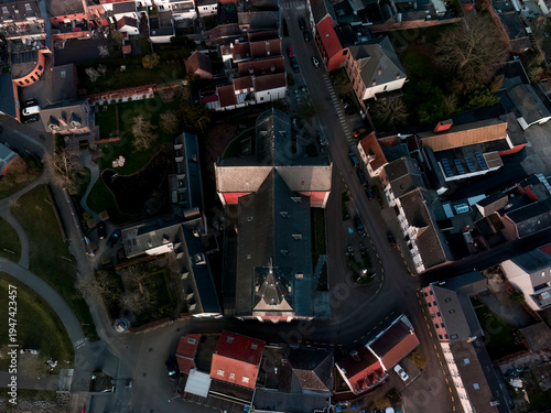 Drone Overhead Shot of Old European Church and Dense Town Architecture