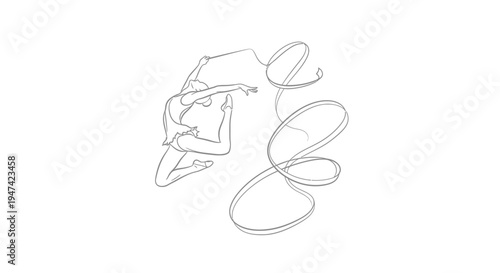 Graceful Rhythmic Gymnastics Athlete with Swirling Ribbon Vector Illustration Line Drawing