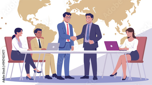 Flat design global business meeting illustration with handshake agreement, team around conference table and world map background